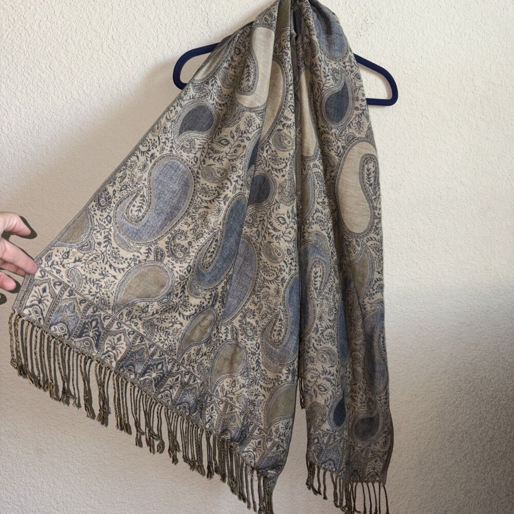Silk Cashmere Scarf Wrap Shawl Paisley Floral Boho Wrap 28x74 Wide Fringe
